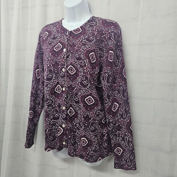 Vintage Lands' End Cardigan Sweater Purple Floral Boho Cotton Preppy Casual L - Picture 5 of 10